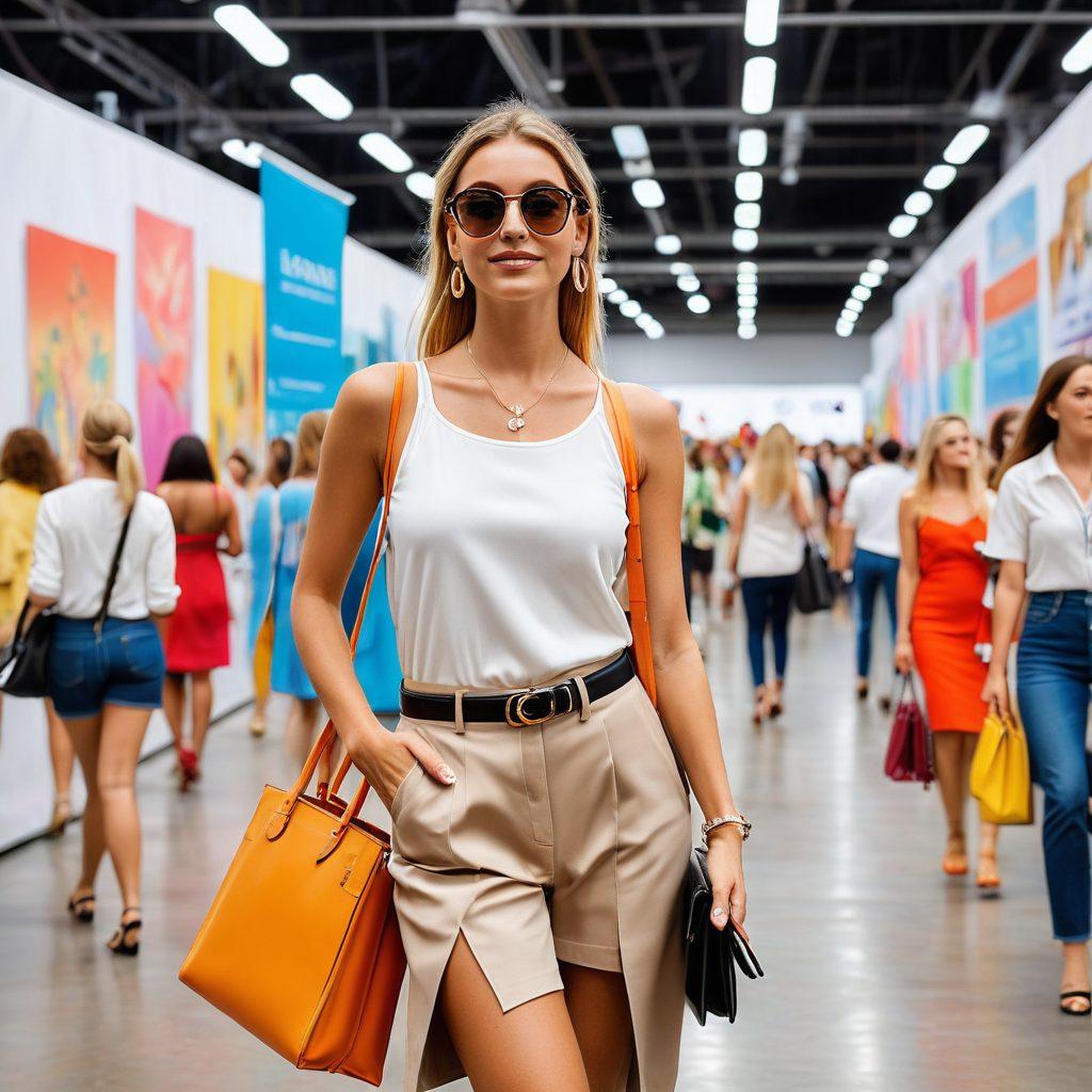A split scene depicting a stylish runway on one side and a vibrant summer job fair on the other, showcasing a confident individual dressed in smart casual attire, radiating charisma and excitement. Include elements like fashion accessories and summer gadgets, with colorful banners featuring job opportunities in the background. The atmosphere is lively, inviting, and inspiring, emphasizing the theme of self-improvement and professional success. painting. vibrant colors.